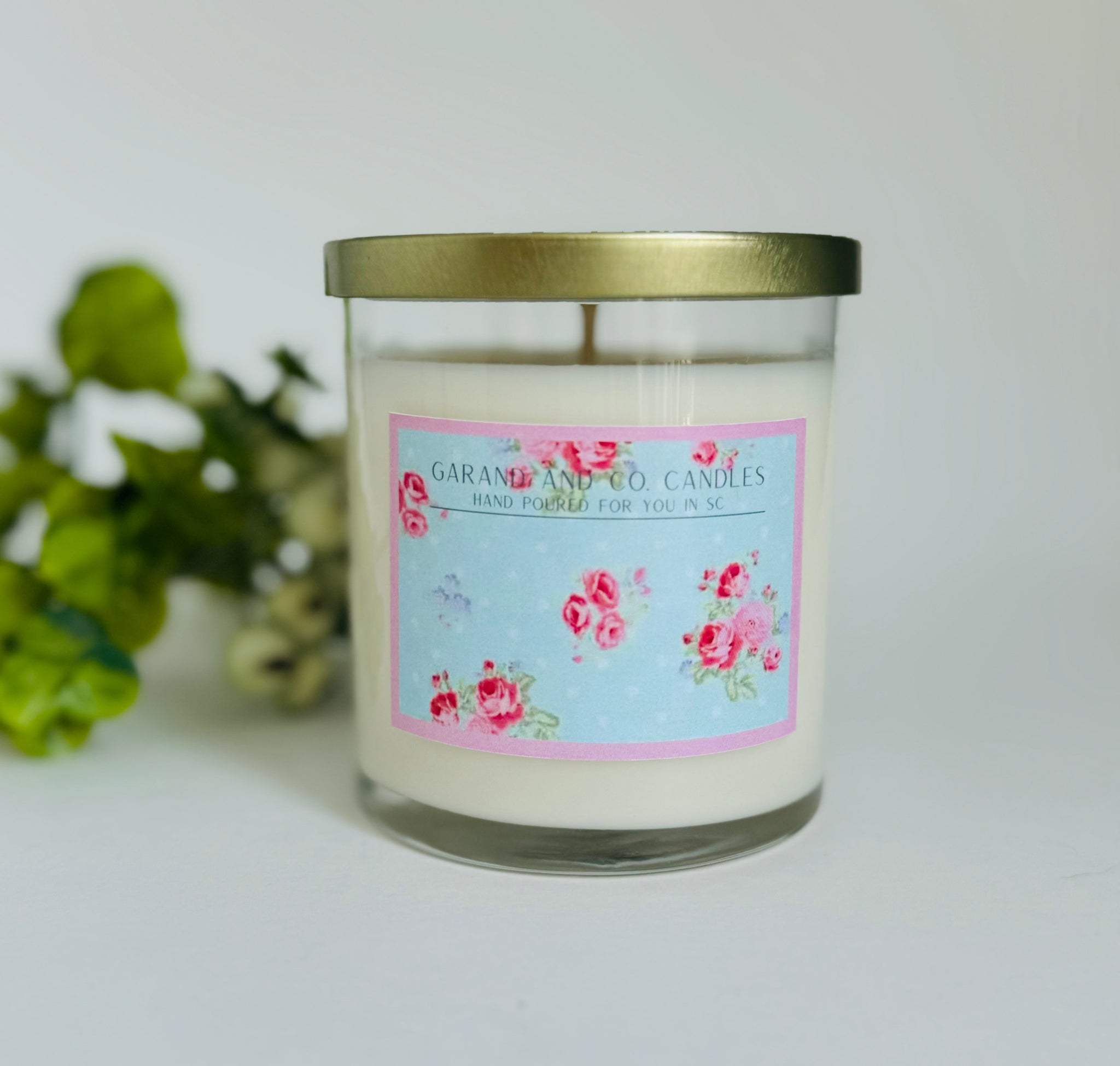 12 oz Clear Glass Jar Candle -  Carolina Blue With Pink Roses